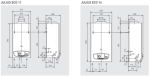 Scaldabagno a Gas Immergas Julius Eco 11 litri - camera aperta dimensioni e attacchi